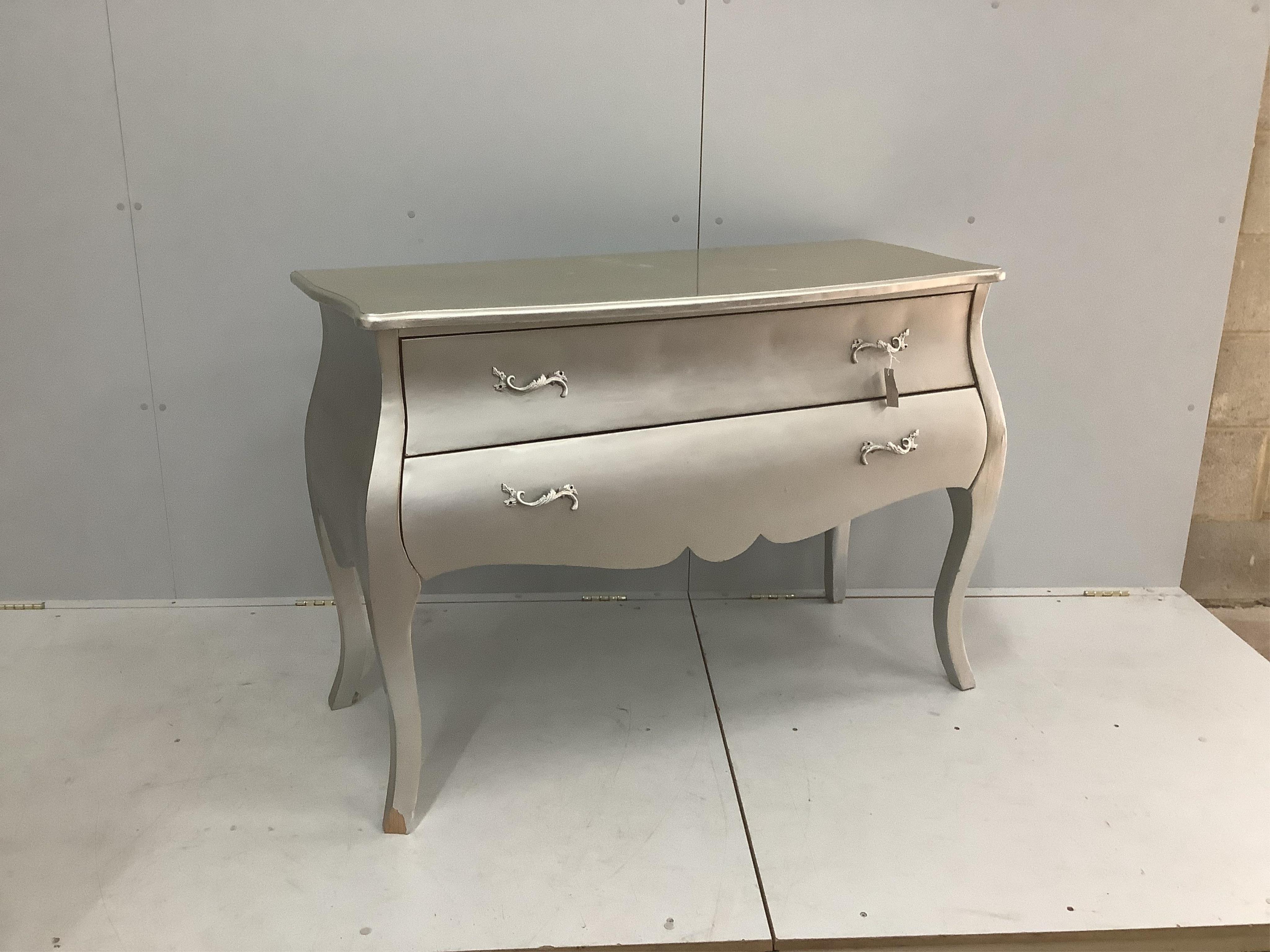 A Contemporary silver painted two drawer bombe chest, width 122cm, depth 49cm, height 85cm. Condition - fair